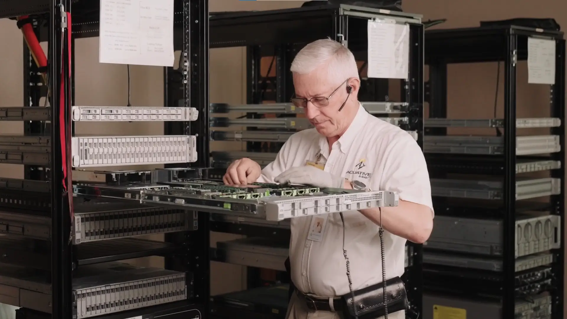 Acuative field technician servicing network equipment