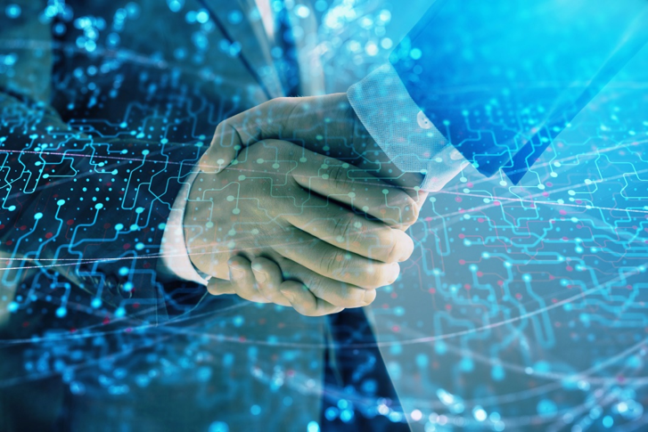 Technology partnership handshake over a digital network
