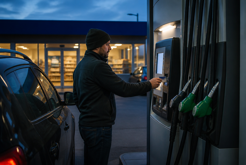 Gas station forecourt at dusk