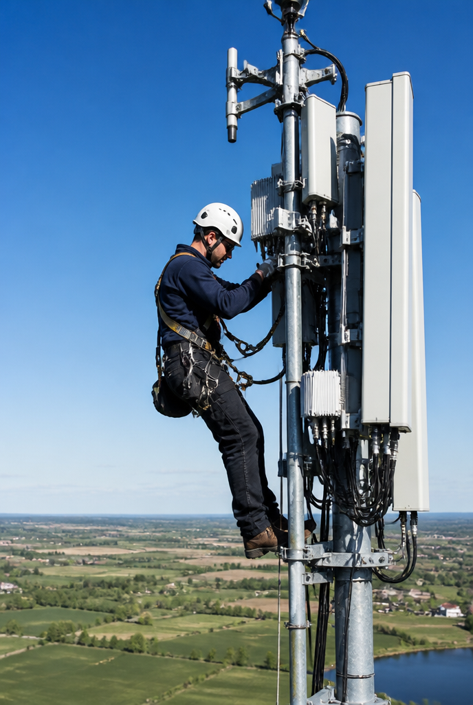 Technician servicing a cellular tower for wireless connectivity