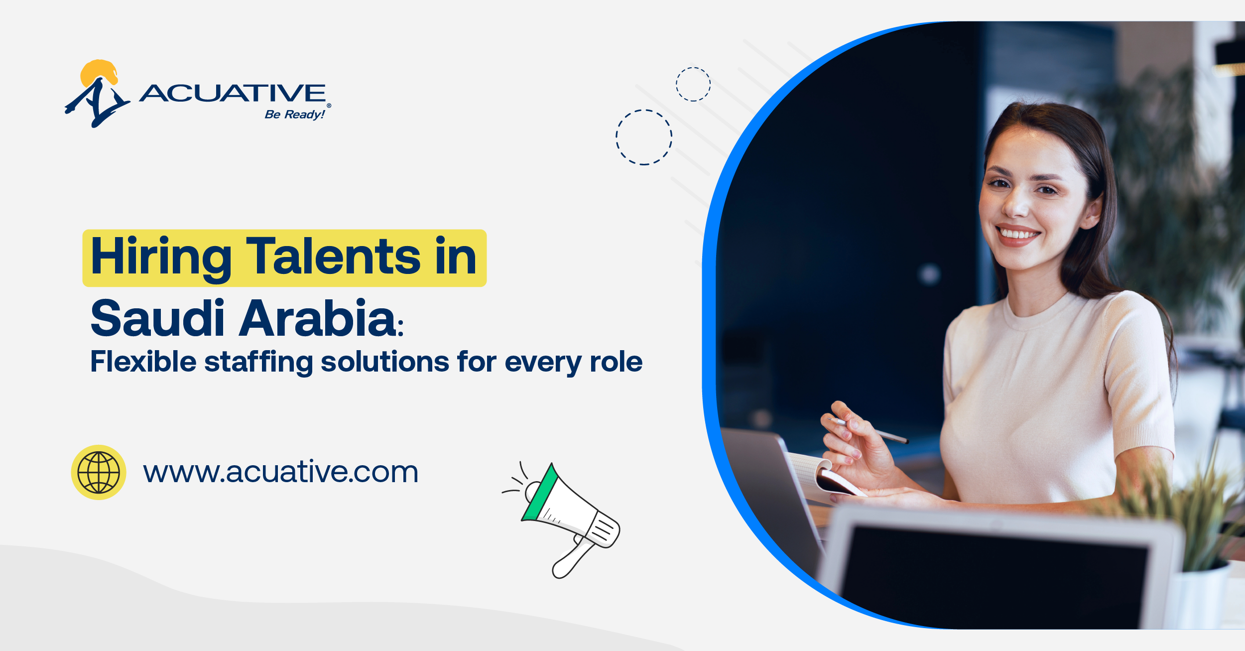 An image highlights Acuative’s expertise in providing flexible staffing solutions for businesses in Saudi Arabia, covering all roles. 