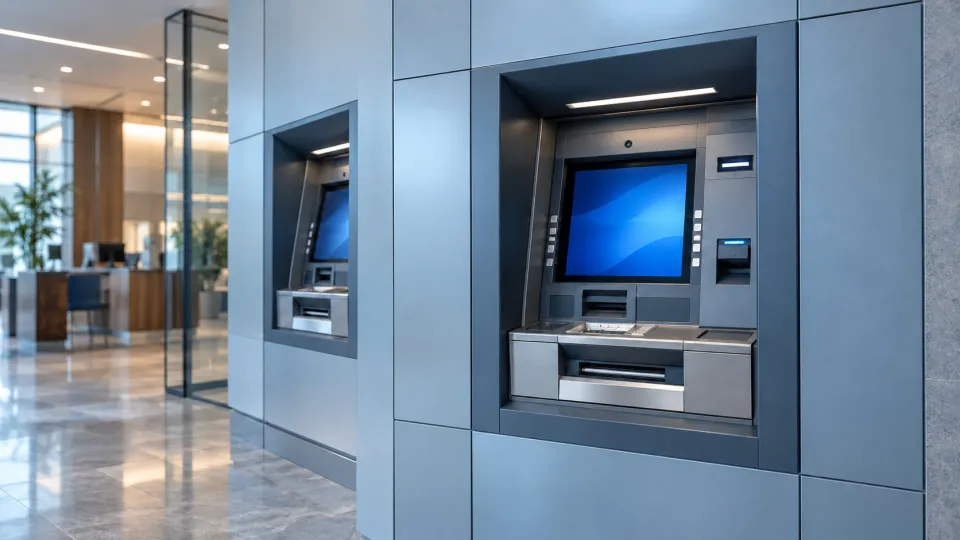 Modern bank branch with secure self-service terminals