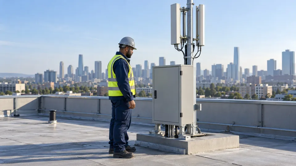 Telecommunications engineer inspecting rooftop infrastructure