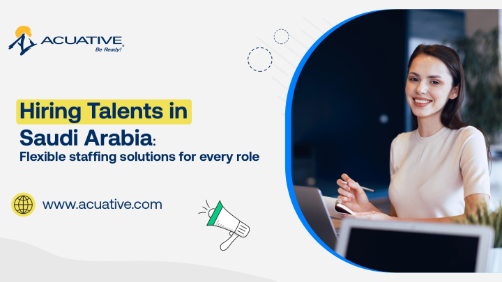 An image highlights Acuative’s expertise in providing flexible staffing solutions for businesses in Saudi Arabia, covering all roles. 